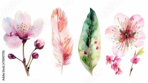 A set of four beautiful watercolor flowers and leaves. Perfect for various design projects #789477115