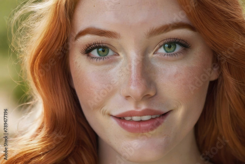 Obraz na płótnie Portrait of a beautiful cheerful redhead girl with green eyes and flowing curly hair, smiling and laughing, looking at the camera. w salonie