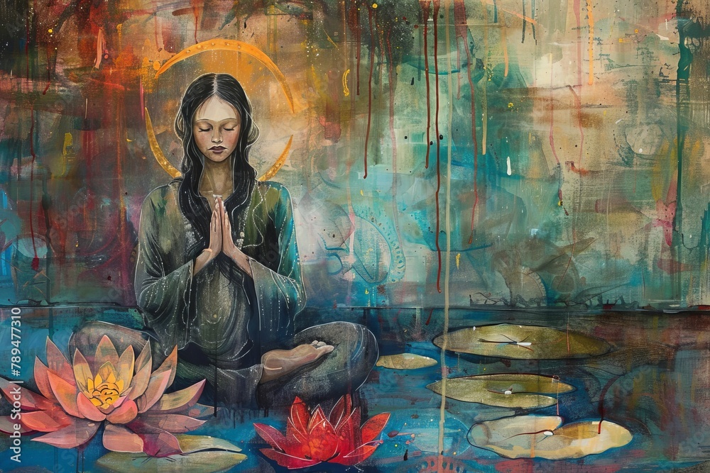A woman is sitting in a lotus position in front of a painting of a woman. The painting is colorful and has a lot of detail. The mood of the painting is peaceful and serene