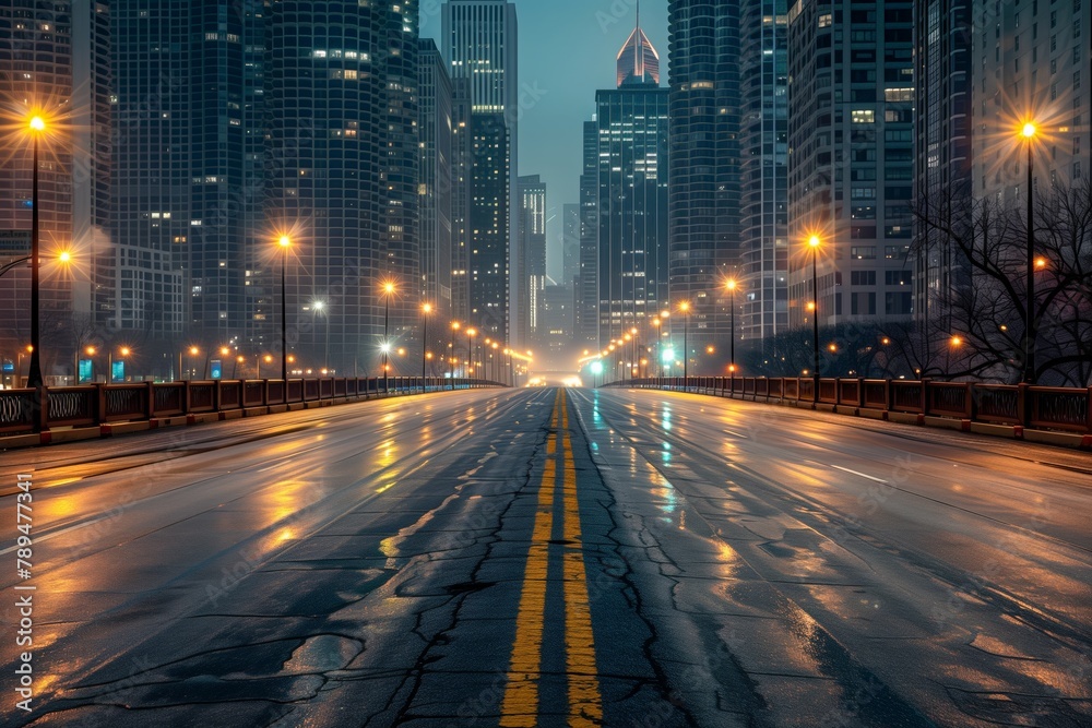 Dawn's First Light: Deserted City Bridge Reflecting the Awakening Skyline