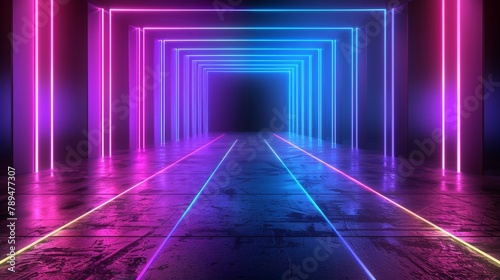 Neon dark stage shows empty room  neon light  spotlights  dark blue  purple  pink background - dance floor for product display in studio  backdrop for photo shooting. Generative AI.