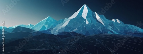 Abstract mountain with a path to the top, Way to goal in digital futuristic style on a blue technology background, Vector illustration of success achievement concept. Low Poly wireframe flag and ridge photo