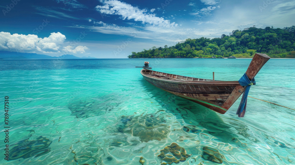 beautiful tropical island with clear water and wooden boat