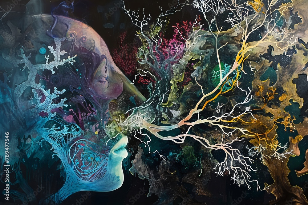 A painting of a man with a mouth and a tree with branches coming out of it. The painting is colorful and has a dreamy, surreal feel to it A painting of a man with a mouth and a tree with branches coming out of it. The painting is colorful and has a dreamy, surreal feel to it