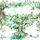 A beautiful watercolor painting of a tree with white flowers. Perfect for nature-themed designs