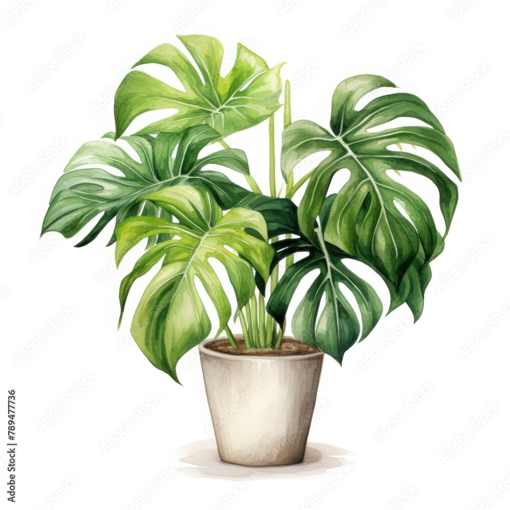 A watercolor painting of a potted Monstera deliciosa plant. A watercolor painting of a potted Monstera deliciosa plant.