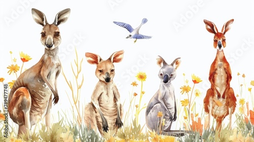 Group of kangaroos grazing in a peaceful field. Ideal for nature and wildlife concepts