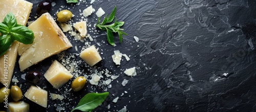 Food arrangement featuring parmesan cheese, fresh herbs, and olives on a dark slate surface. Ample space for text placement.