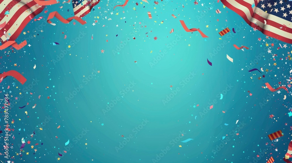 A festive mood is created with a blue backdrop with stars and stripes, a big frame of flags in the upper left corner, a thin red border, and lots of little confetti all around.