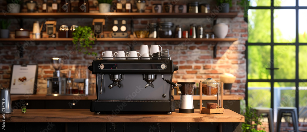 Coffee shop, cafe store, bar or restaurant with counter, coffee maker. Loft, modern interior mockup. Cozy morning ambience at the cafe.  Generative ai	