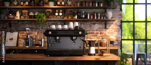 Coffee shop, cafe store, bar or restaurant with counter, coffee maker. Loft, modern interior mockup. Cozy morning ambience at the cafe. Generative ai 