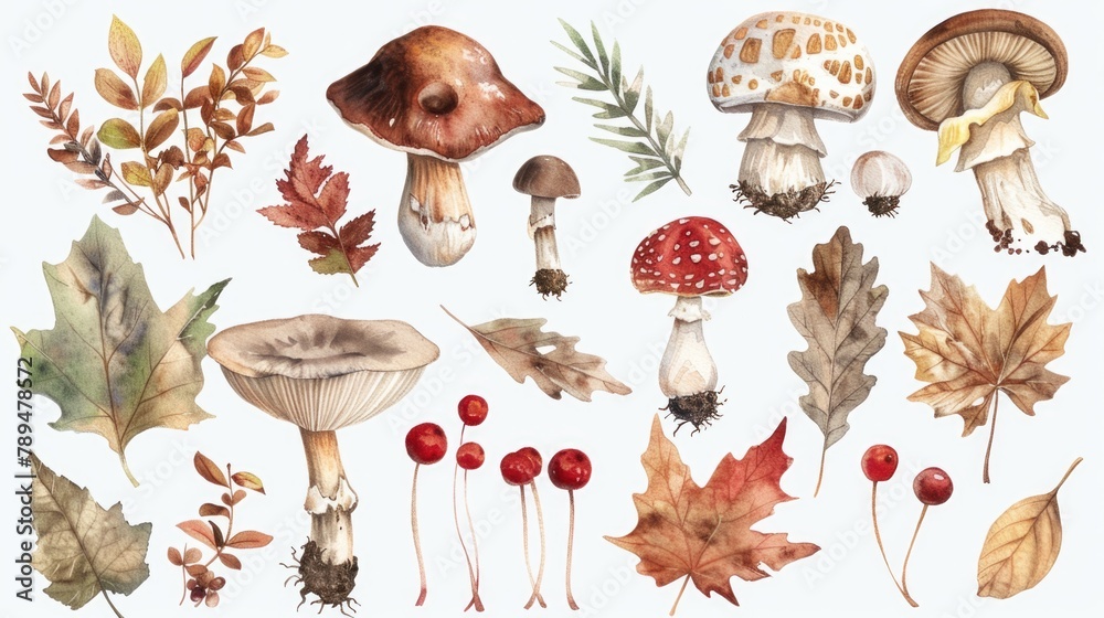 Assorted mushrooms and leaves in a natural setting. Suitable for nature and food themes Assorted mushrooms and leaves in a natural setting. Suitable for nature and food themes