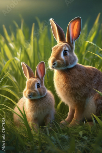 Rabbits. Mother rabbit and baby rabbit on a green meadow. Spring flowers and green grass. © Ekaterina