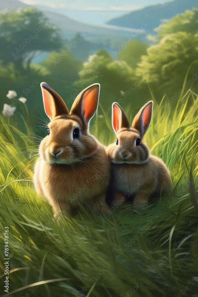 Rabbits. Mother rabbit and baby rabbit on a green meadow. Spring flowers and green grass.