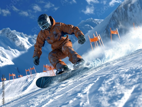 A snowboarder is riding down a snowy slope. The snowboarder is wearing an orange jacket and is wearing goggles
