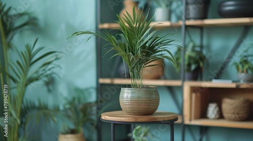 A potted plant on a small table in front of shelves, AI