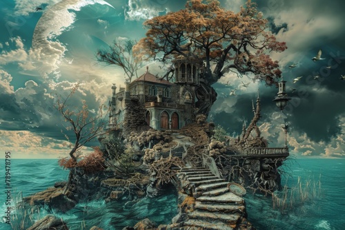 A fantasy scene with a house on a rock surrounded by water. The house is surrounded by trees and has a lot of birds flying around it. The sky is cloudy and the water is blue