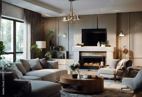 interior design living room Spacious sofa roomy apartment furniture residential armchair couch style table plant comfort decor home light furnish dwell estate decorate