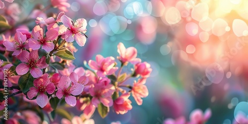 A branch of a tree with pink flowers is in focus in front of a blurred background of green leaves and branches copy space text