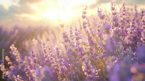 A beautiful field of purple flowers with the sun shining in the background. Suitable for nature and landscape concepts