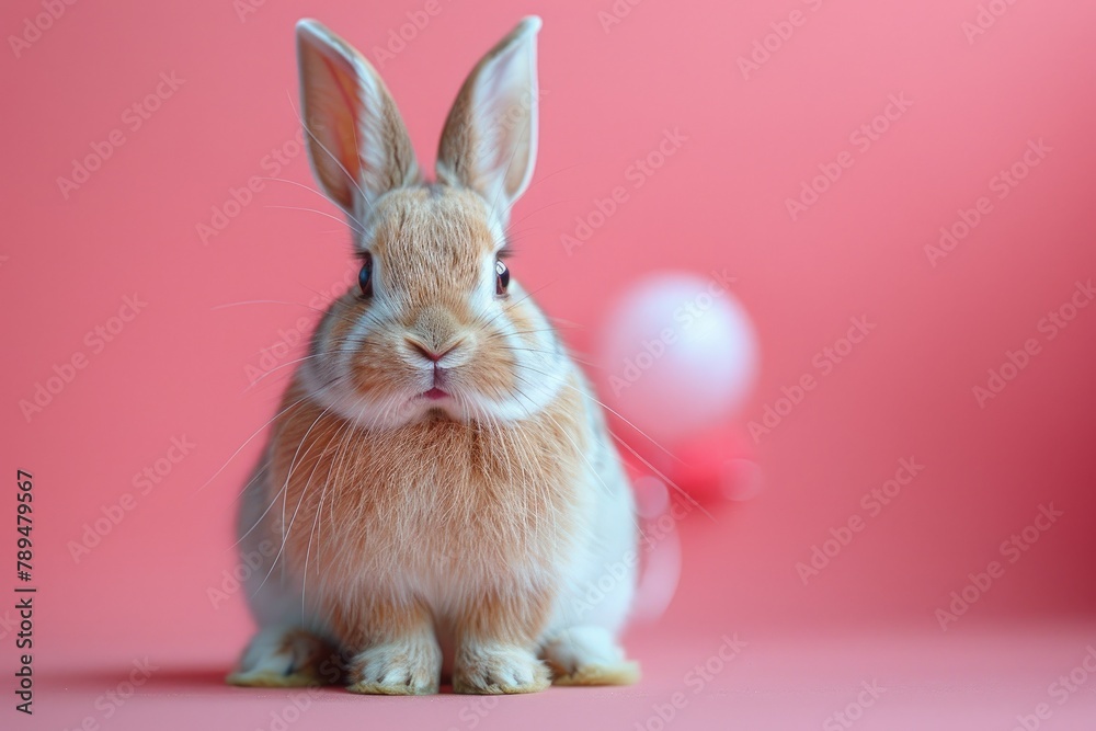 A bunny wearing a bowtie and holding a balloon at a birthday celebration, solid color background, 4k, ultra hd