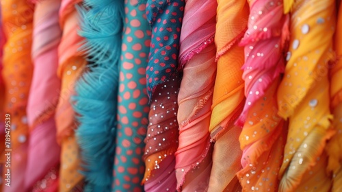 A bohemian birthday banner made of colorful fabrics, ribbons, and feathers, 4k, ultra hd photo
