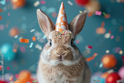 A bunny wearing a birthday party hat with a carrot, solid color background, 4k, ultra hd