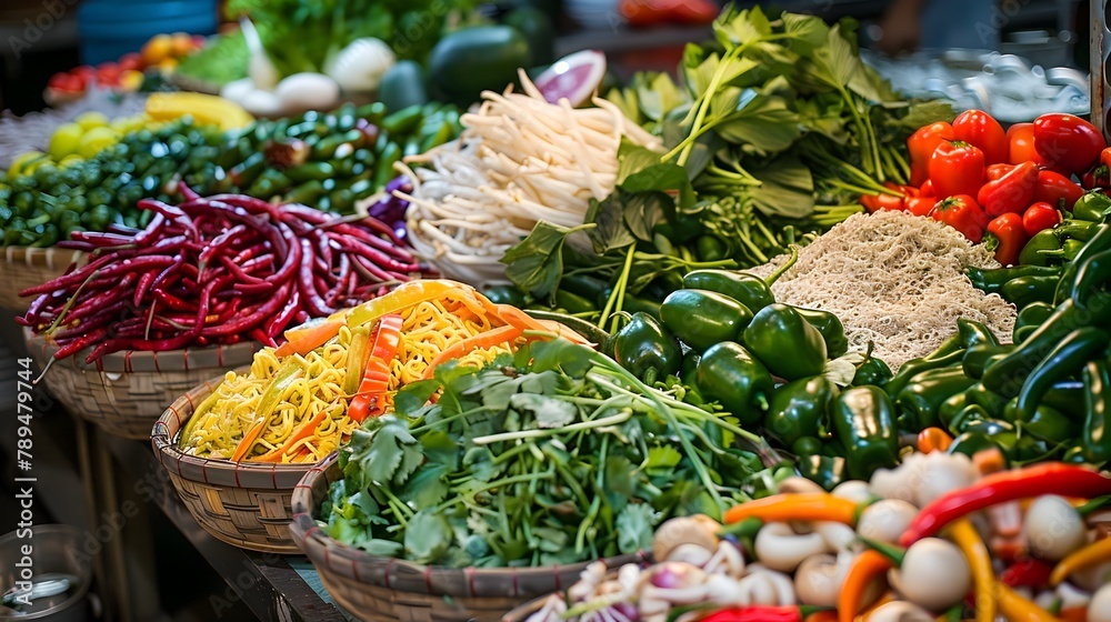 Vibrant Pok Noodle Ingredients Displayed in a Lively Market Stall