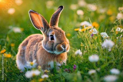 Rabbit on the lawn with flowers at sunset © Ekaterina