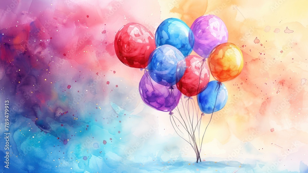 A dreamy birthday card with watercolor illustrations of balloons and stars, 4k, ultra hd