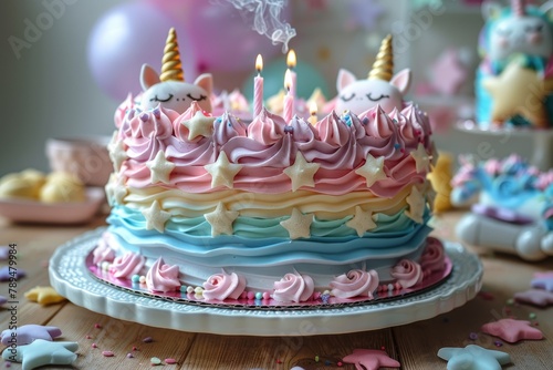 A girl blowing out candles on a unicorn-themed cake with rainbow frosting  solid color background  4k  ultra hd