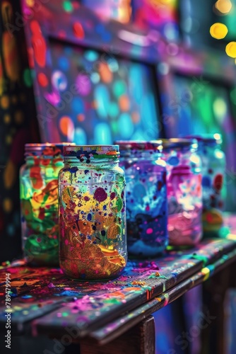 Bright and vibrant jars of colorful liquid on a table. Perfect for a science or laboratory concept