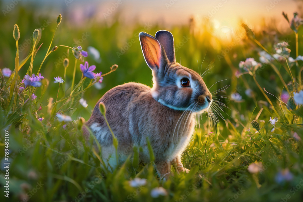 Rabbit on the lawn with flowers at sunset
