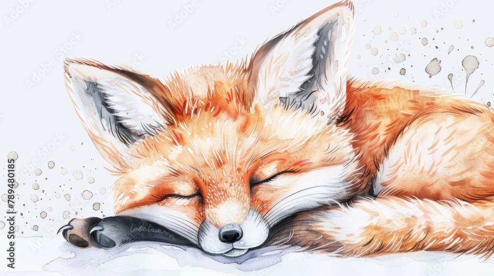 Fototapeta premium A peaceful watercolor painting of a sleeping fox. Ideal for nature-themed designs