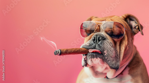 A dog is smoking a cigar and wearing sunglasses