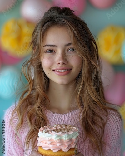 A woman holding a piece of birthday cake while smiling, solid color background, 4k, ultra hd