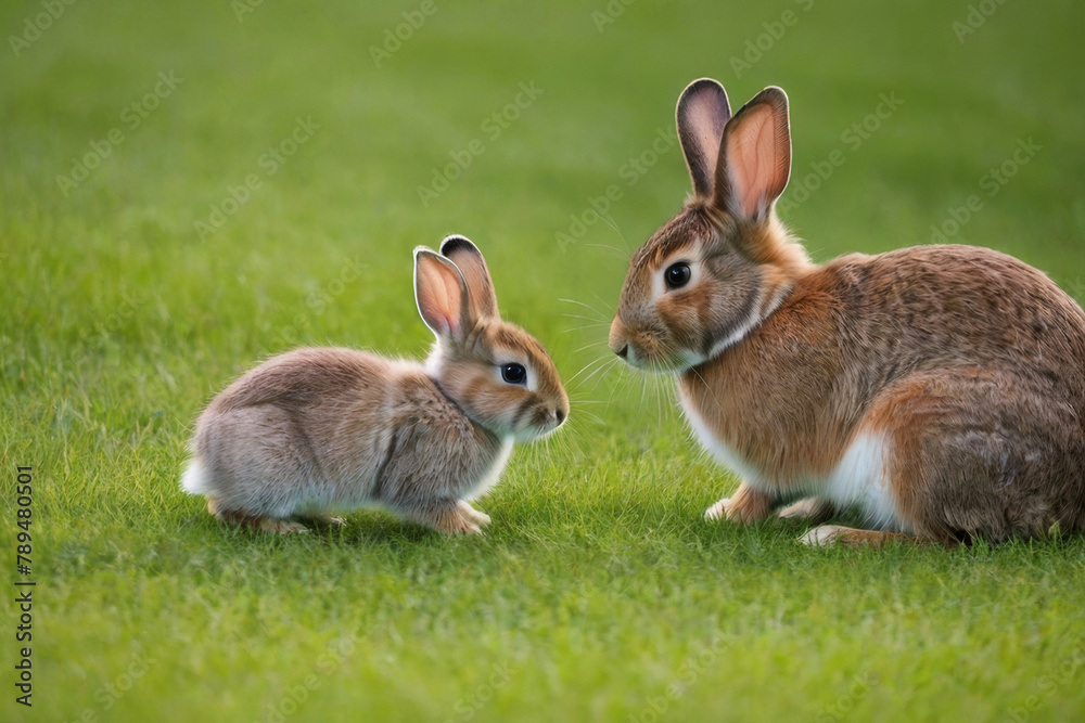 Rabbits. Mother rabbit and baby rabbit on a green meadow. Spring flowers and green grass.