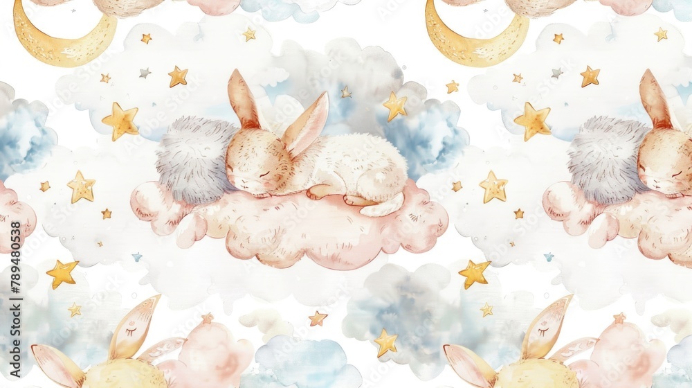Cute watercolor painting of a bunny sleeping on a fluffy cloud. Perfect for children's books or nursery decor Cute watercolor painting of a bunny sleeping on a fluffy cloud. Perfect for children's books or nursery decor
