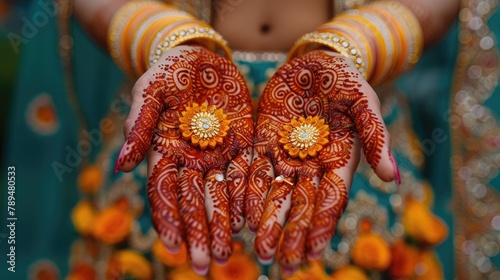 Bollywood glamour, intricate henna, jewel tones, silk fabrics, spotlight