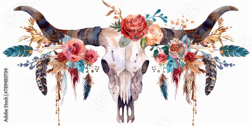 Watercolor painting of a cow skull adorned with colorful flowers and feathers. Perfect for bohemian or southwestern themed designs photo