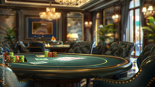 casino gaming table with poker cards and chips