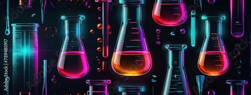 Laboratory abstract flask with neon-colorful liquid, Digital lab background, Science and chemistry concept, Test tubes or glass beakers on a technology-dark background. Vector 3D illustration