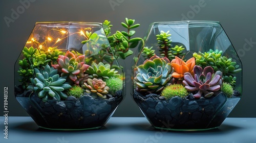 Geometric terrariums filled with succulents and fairy lights for a modern look on white background, 4k, ultra hd