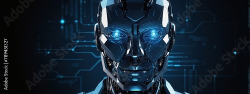 AI technology poster design, Digital abstract set of tech posters in futuristic light blue with low poly elements on a dark background, Future and Artificial Intelligence concept, Robot face. Vector