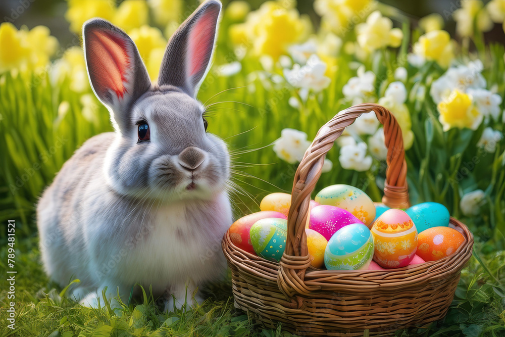 Little rabbit in a green spring lawn with decorated eggs - Easter card