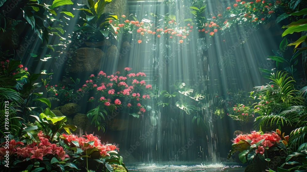 Rainforest theme, exotic flowers, lush greens, waterfall mist, canopy light