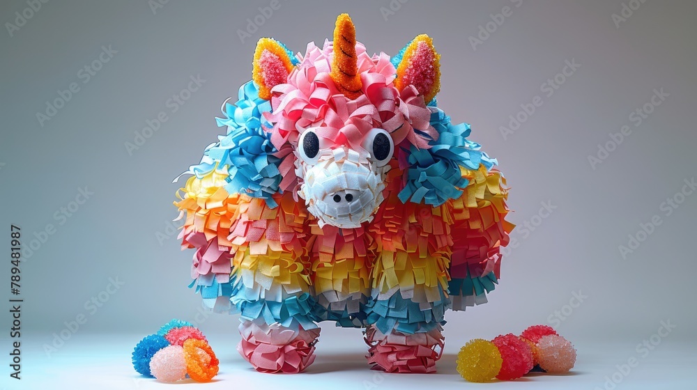 Vibrant pinata filled with candies and treats for a festive party atmosphere on white background, 4k, ultra hd