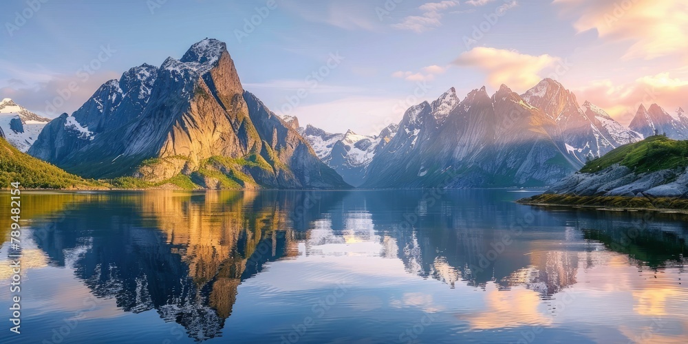 The serene view depicts a serene moment as sunshine bounces off the water's surface and lights the peaks.