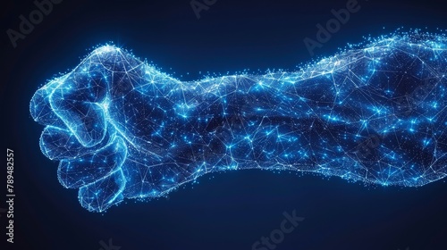 The gesture hands are in a geometric polygon wireframe style. The concept of force or power is represented by a starry sky or constellation fist. Abstract fist isolated on blue background. Plexus photo