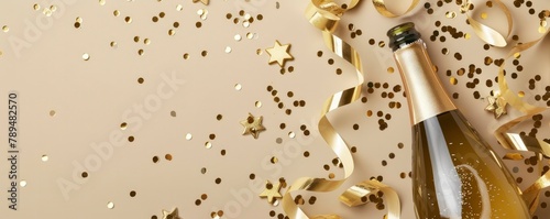 Background for New Year's Eve party featuring confetti stars, champagne bottles, and golden ribbons